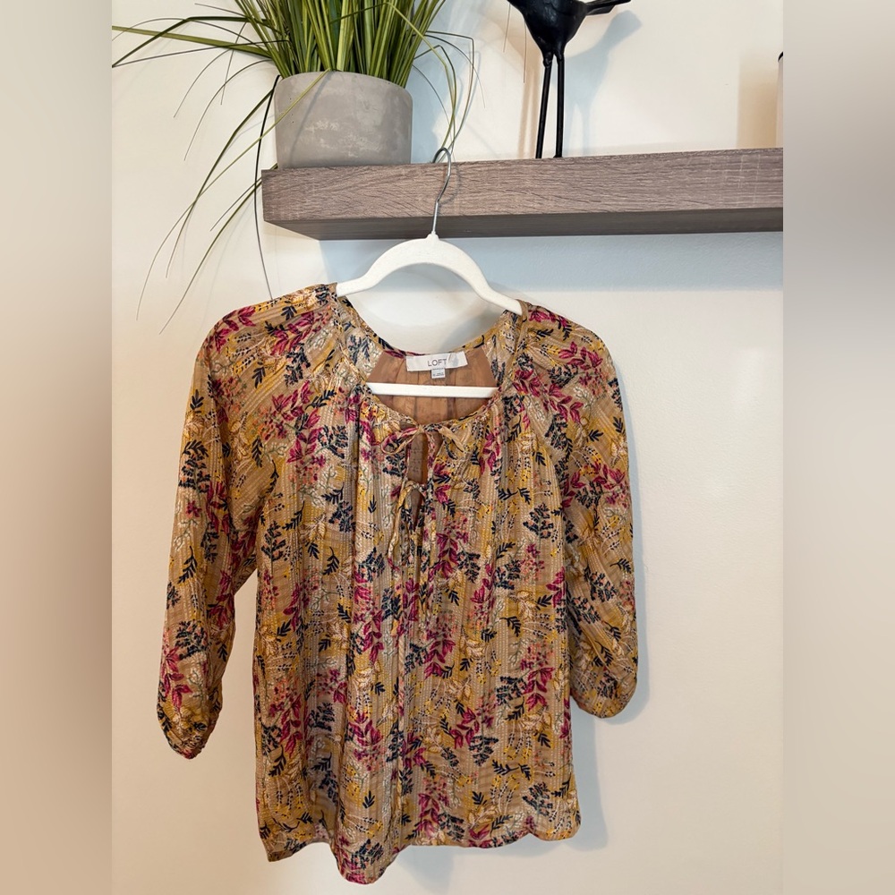LOFT Mustard Floral Tie-Neck Peasant Blouse